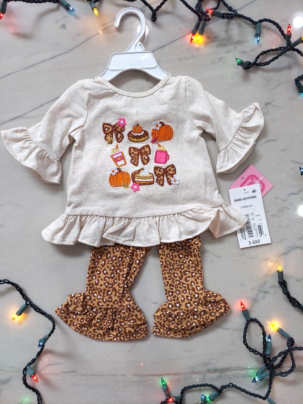 Rare Editions Baby Pumpkin & Bows Thanksgiving 2pc Outfit Ruffle Pants 3 - 6 mos